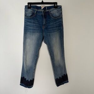 Driftwood Candace Jeans Embroidered Cropped Straight Leg Blue Raw Hem Boho 28